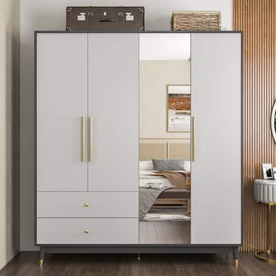 Closet Cabinet 4-Door Wood Bedroom Armoire With Mirror in Black/Grey