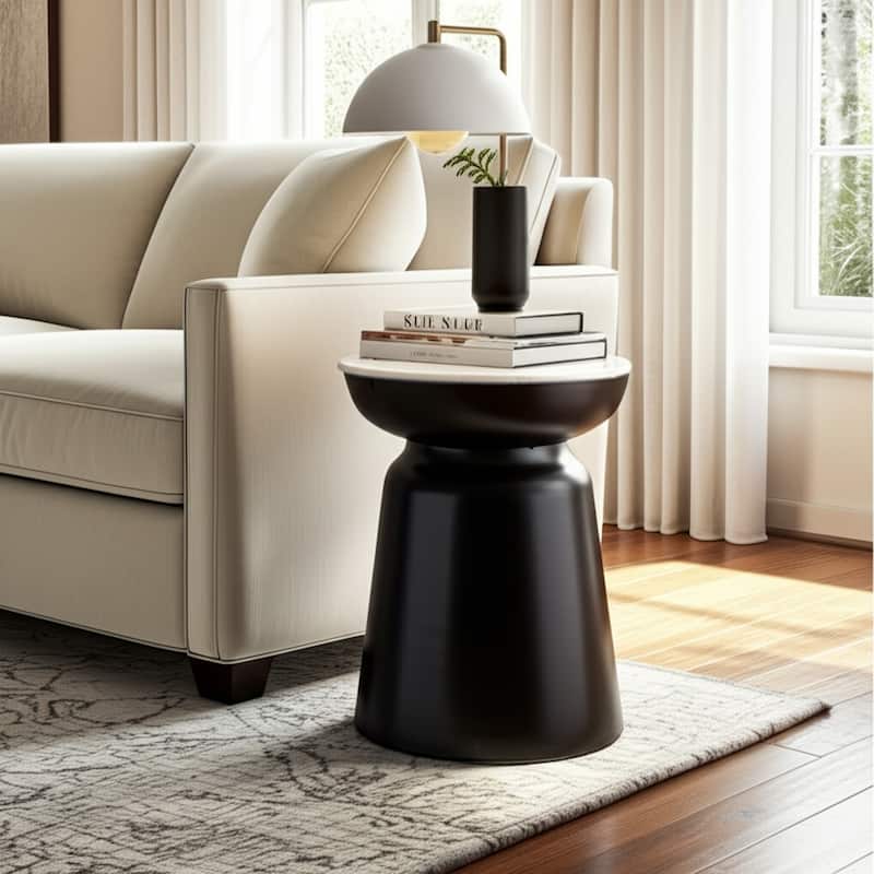 Modern Accent Table with Marble Top and Iron Base - 20" Black - 15" x 15" x 20"