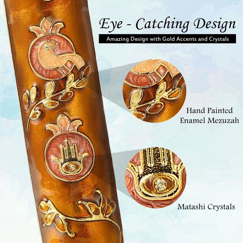 Hand Painted Enamel Mezuzah Embellished with a Dove and Hamsa Design with Gold Accents and High Quality Crystals by Matashi
