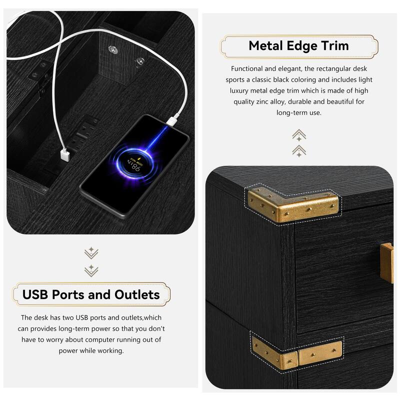 70" Traditional Executive Desk with Metal Trim, 2 File Drawers, USB Ports & Hidden Compartment