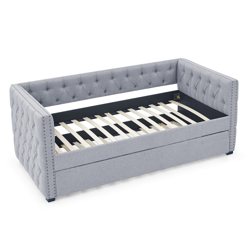 Trundle Upholstered Tufted Sofa Bed,with Button and Copper Nail on Square Arms,both Twin Size