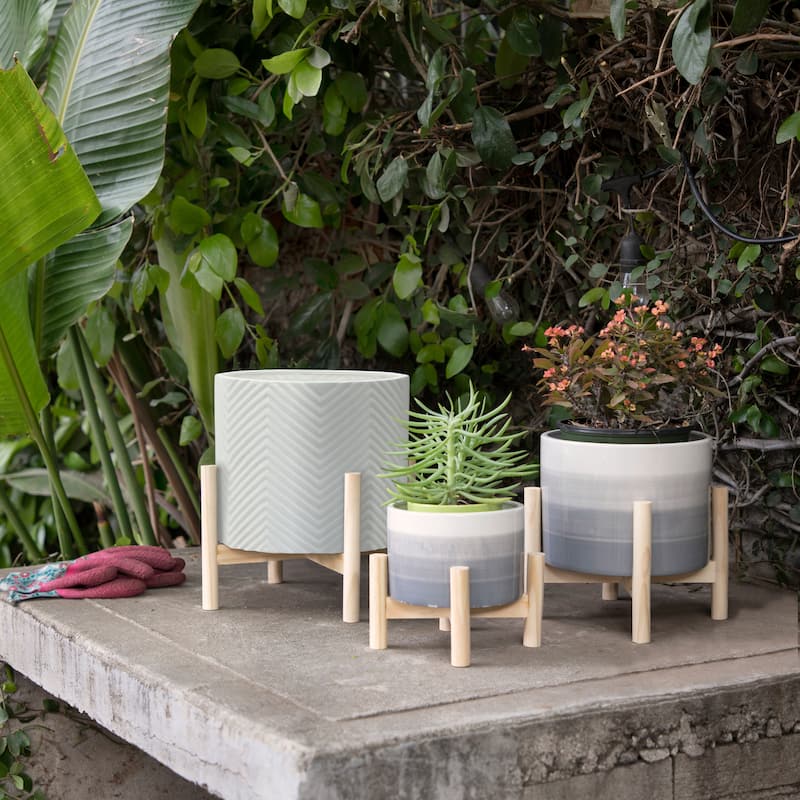 Ceramic Planter Trendy White Planter Elevated on Wooden Stand with Chevron Design For Indoor or Outdoor Plants