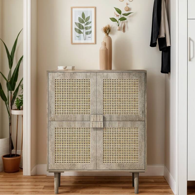 Modern Storage Cabinet with Adjustable Shelves and Four Rattan Mesh Decorative Doors