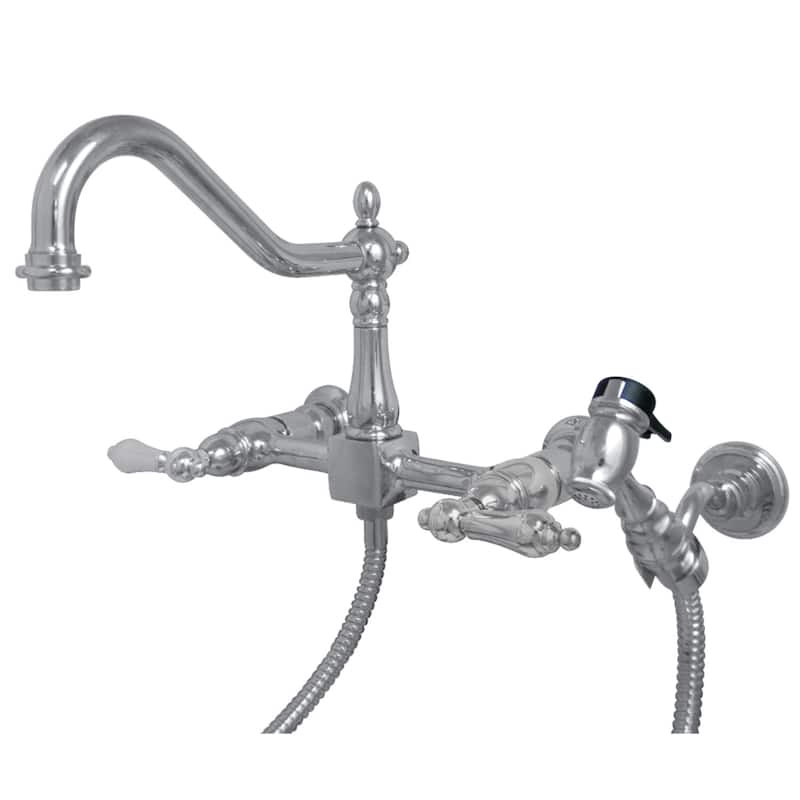 Heritage Two-Handle Wall Mount Bridge Kitchen Faucet with Brass Sprayer - Polished Chrome