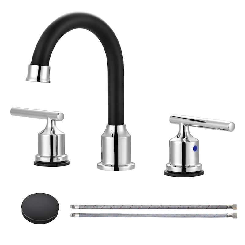 WOWOW 8 in. Widespread Double-Handle Bathroom Faucet with Drain Kit - Chrome and Black