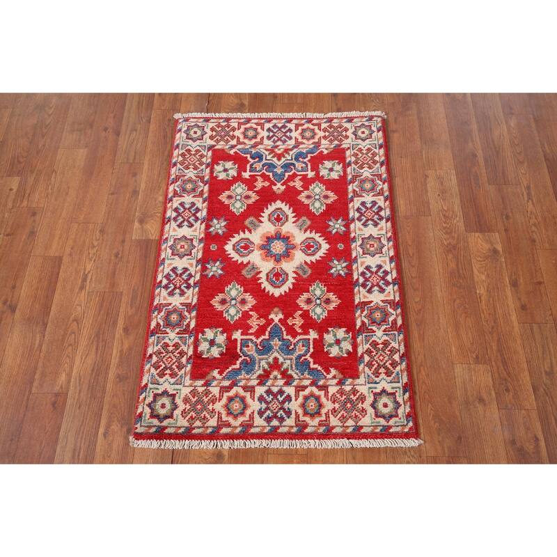 Geometric Red Kazak Accent Rug Handmade Wool Carpet - 2'0" x 2'11"