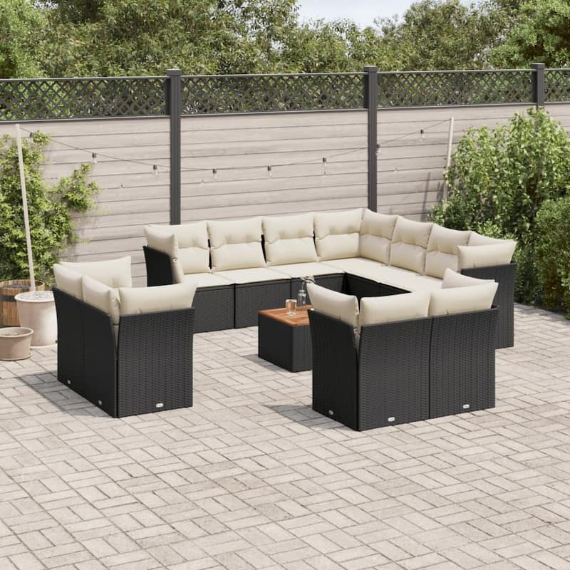 vidaXL Patio Sofa Set with Cushions Outdoor Furniture 12 Piece Poly Rattan - 24.4 x 24.4 x 27.2 - Black and Cream