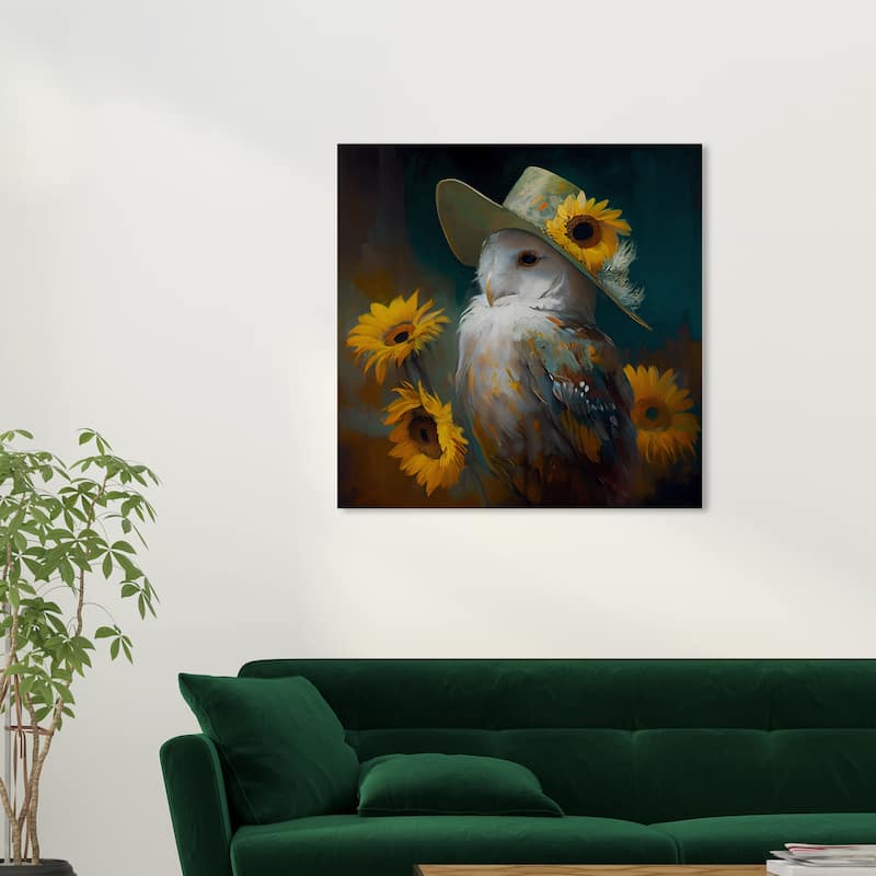 Wynwood Studio Canvas Animals Owl and Sunflowers Farm Yellow and Rustic Wall Art Canvas Print - 30 x 30