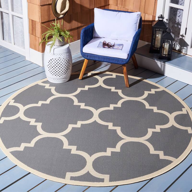 SAFAVIEH Courtyard Maryanne Indoor/ Outdoor Waterproof Patio Backyard Rug - 6'7" x 6'7" Round - Grey/Beige