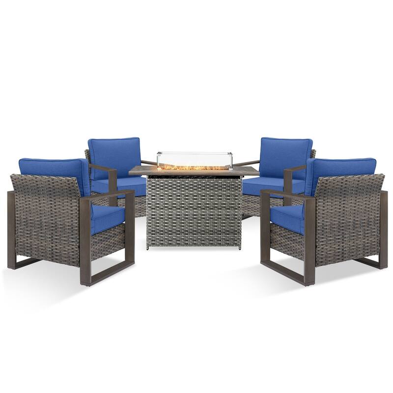 Pocassy 5 Pieces Outdoor Wicker Chair with Fire Table Set