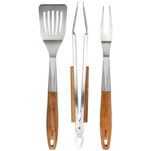 Oster 3 Piece Stainless Steel and Wood BBQ Tool Set in Brown
