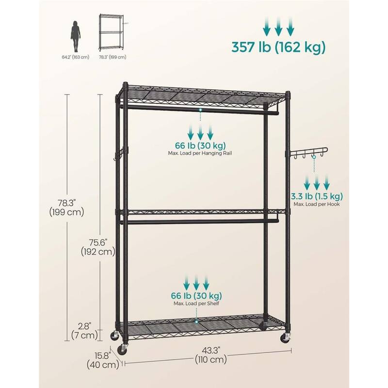 Black Adjustable Garment Rack with Hanging Rails and Shelves Hooks Wheels Heavy-Duty Steel Frame