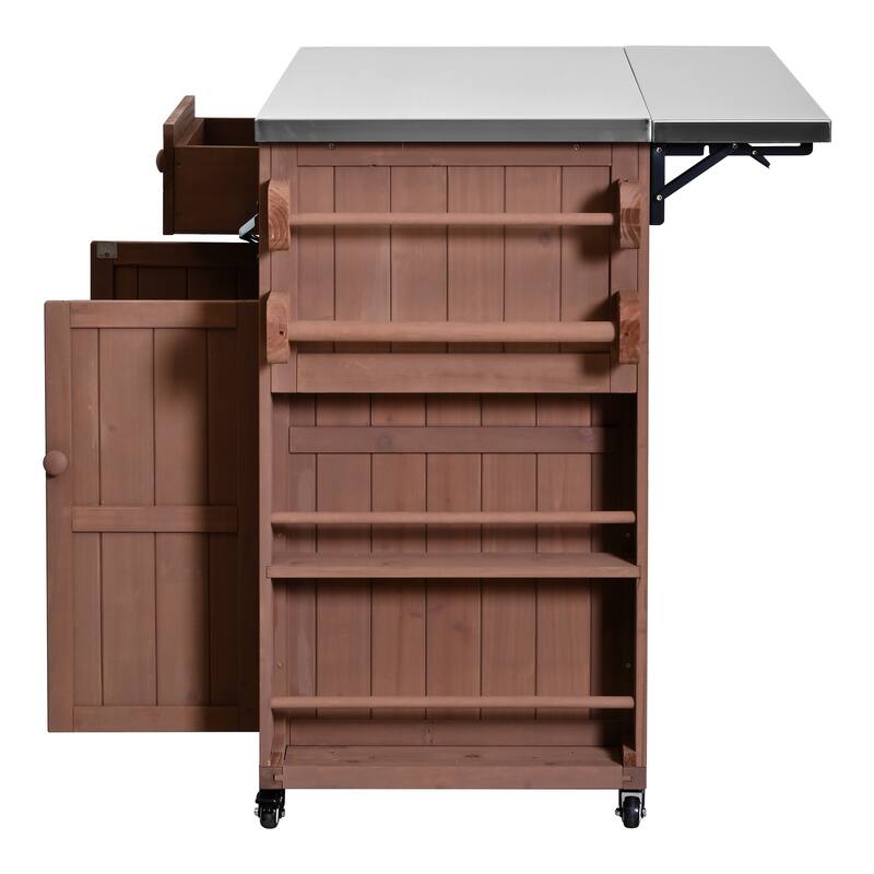 Extendable 41.9" Outdoor Kitchen Island with Stainless Steel Top and Side Spice Rack, Kitchen Cart with Drawers, Storage Cabinet
