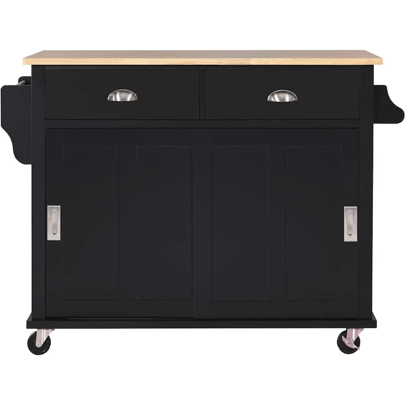 Kitchen Cart with Rubber wood Drop-Leaf Countertop, sliding barn door