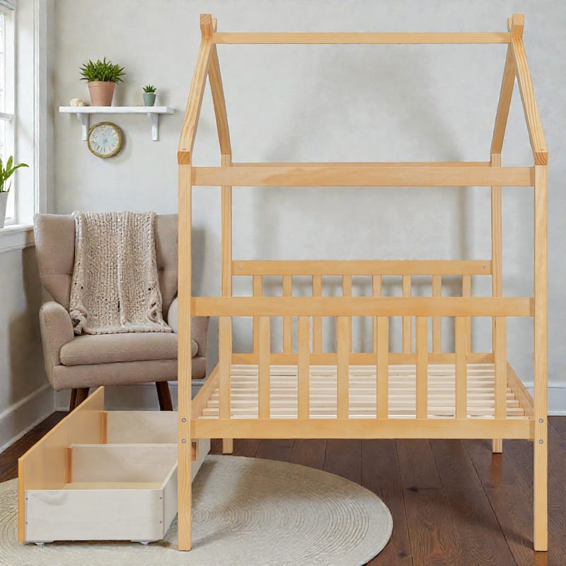 Twin/Full Size Wooden House Bed with Roof and 2 Drawers, Kids Platform Bed with Storage, Solid Pine Frame