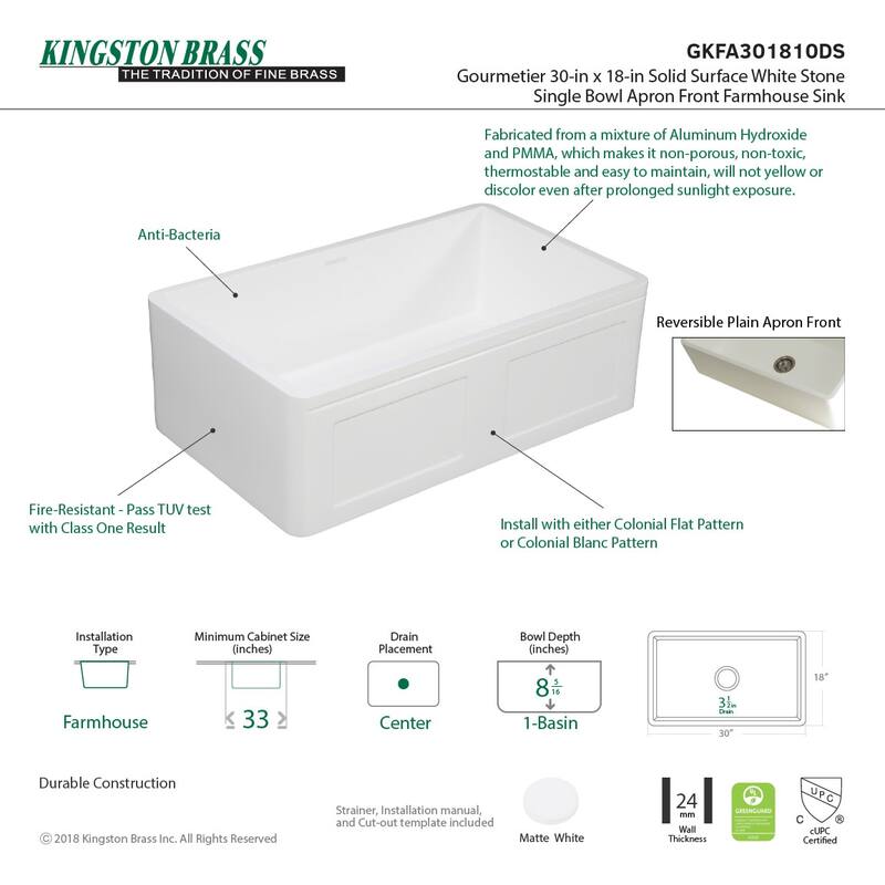 Kingston Brass Arcticstone 30" Farmhouse Single Basin Stone Composite