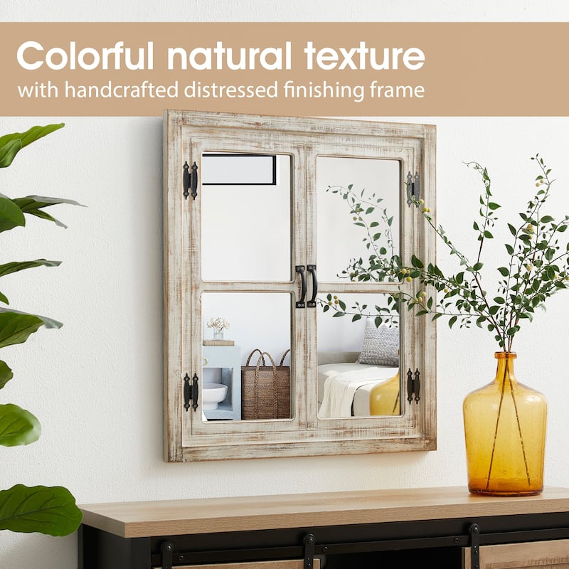 35"H Farmhouse Wooden Barn Doors Window Frame Mirror Wall Decor by Glitzhome
