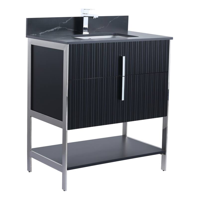 Fine Fixtures Serenity Modern Bathroom Vanity with Black Sintered Stone Top - Black Matte - Chrome Hardware - 30 inch
