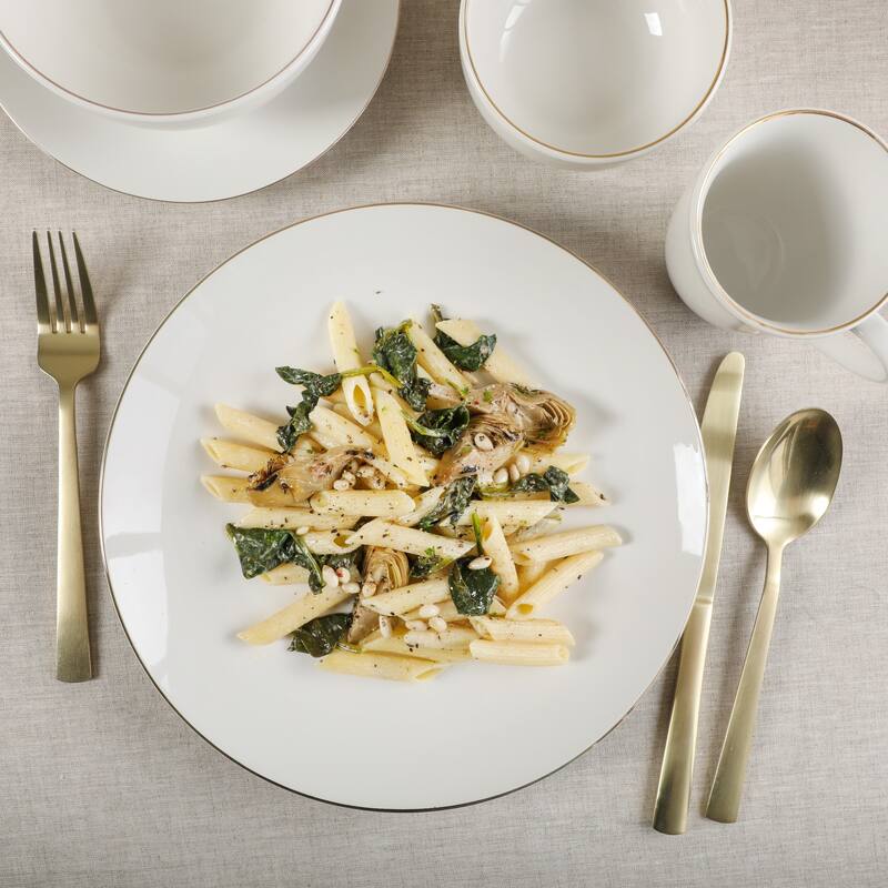 Gibson Home Ogalla 30 Piece Plates, Bowls, & Mugs Dinnerware Set - Service for 6 - White Porcelain W/ Gold Band
