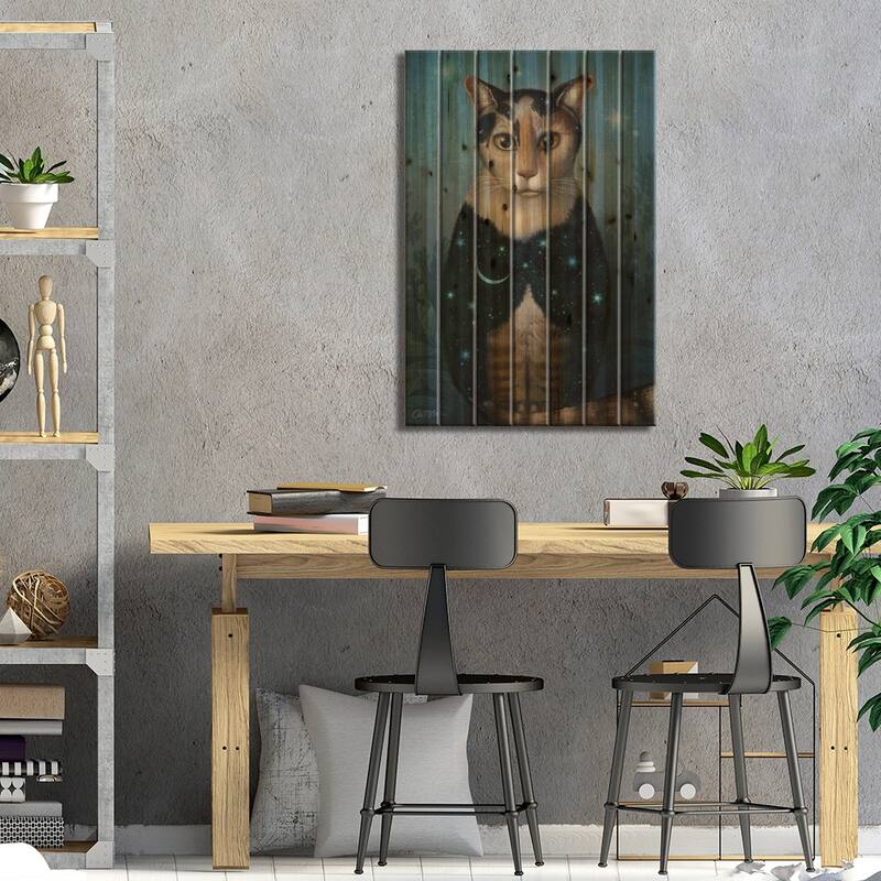 Midnight Cat Print On Wood by Catrin Welz-Stein - Multi-Color