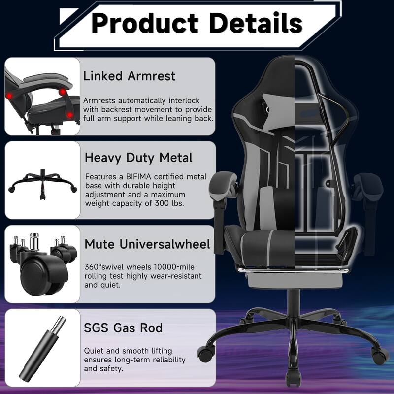 Anmytek Ergonomic Gaming Computer Chair with Footrest Lumbar Backrest Black Gray