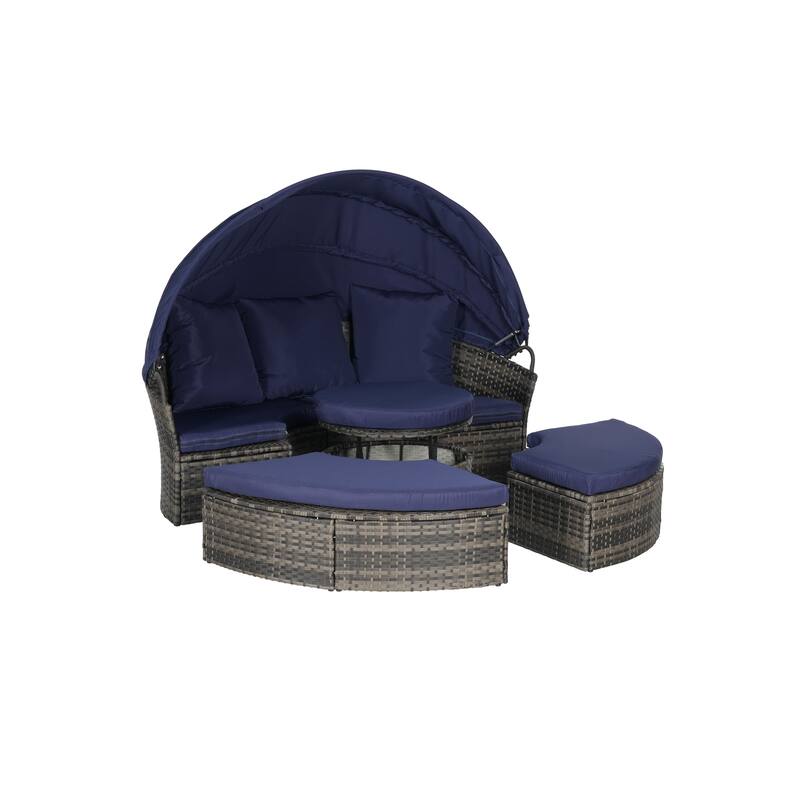 5 Pieces Outdoor Patio Rattan Round Daybed Sunbed with Retractable Canopy and Removable Cushions