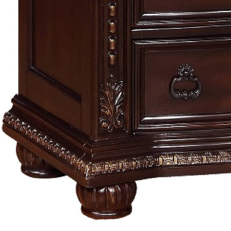 5 Drawers Wooden Chest with Engraved Details and Bun Feet, Cherry Brown