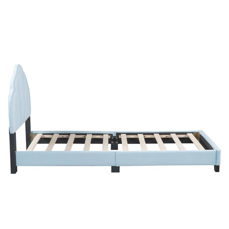 Kids Shell Twin Bed Frame Upholstered Low Profile Platform Bed Slats Supports Child Comfortable Sleep Velvet Bed Frame - Blue