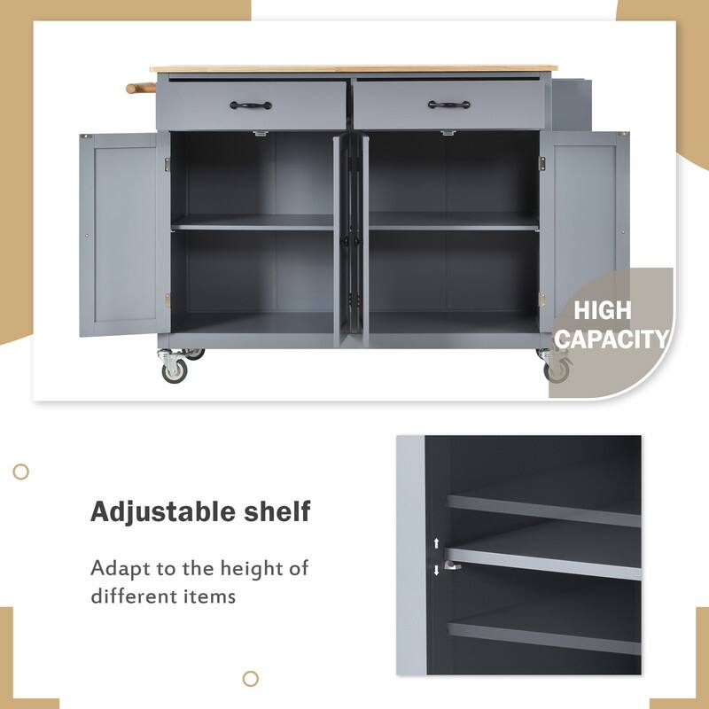 35"W Kitchen Island Cart with Solid Wood Top and Locking Wheel，4 Door Cabinet and 2 Drawers，Spice Rack, Towel Rack and Handle