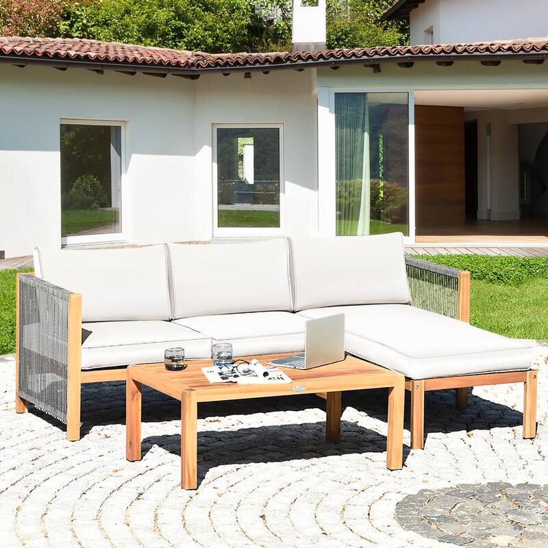 Costway 3PCS Patio Acacia Wood Sofa Furniture Set Thick Cushion - See Details - as pictures show - See Details