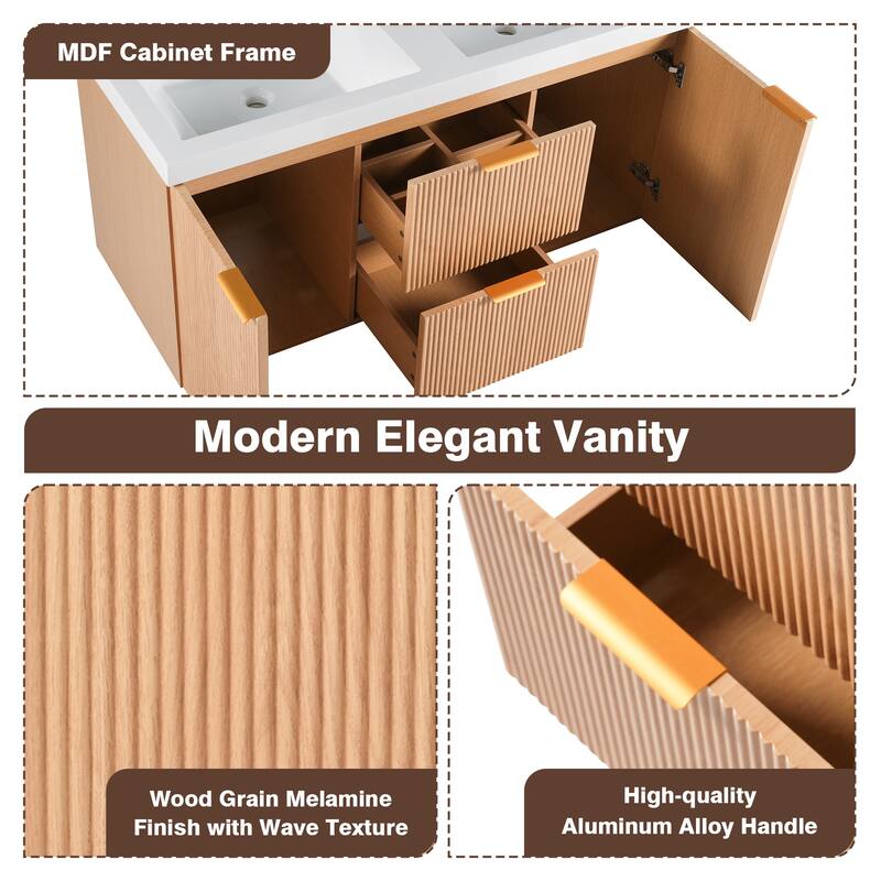 GDFStudio - Mercer Transitional Wall Mounted Bathroom Vanity Cabinet with Double SMC Sink, Soft Close Doors & Drawers