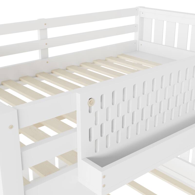 Full XL over Queen/Full over Queen Bunk Bed with Ladder and Guardrails, Pegboard and bookshelf, White
