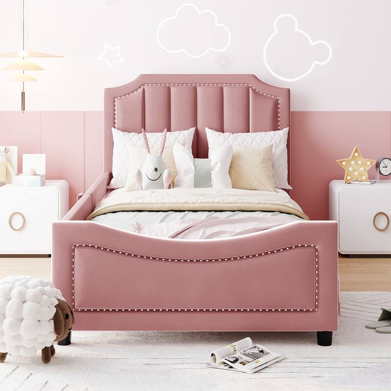 Twin Upholstered Daybed with Classic Stripe Headboard, Velvet Upholstery, Sturdy Wood Frame, and Modern Design