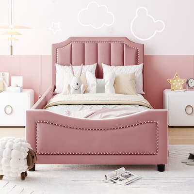 Twin Upholstered Daybed with Stripe Shaped Headboard, Durable Wood Frame, No Box Spring Required - Grey/Beige/Pink