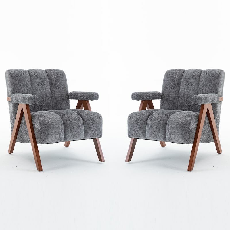 Mid Century Modern Accent Chair, Chenille Armchair with Solid Wood Legs, Channel Tufted Comfy Reading Chair for Living Room - Set-of-2-Grey