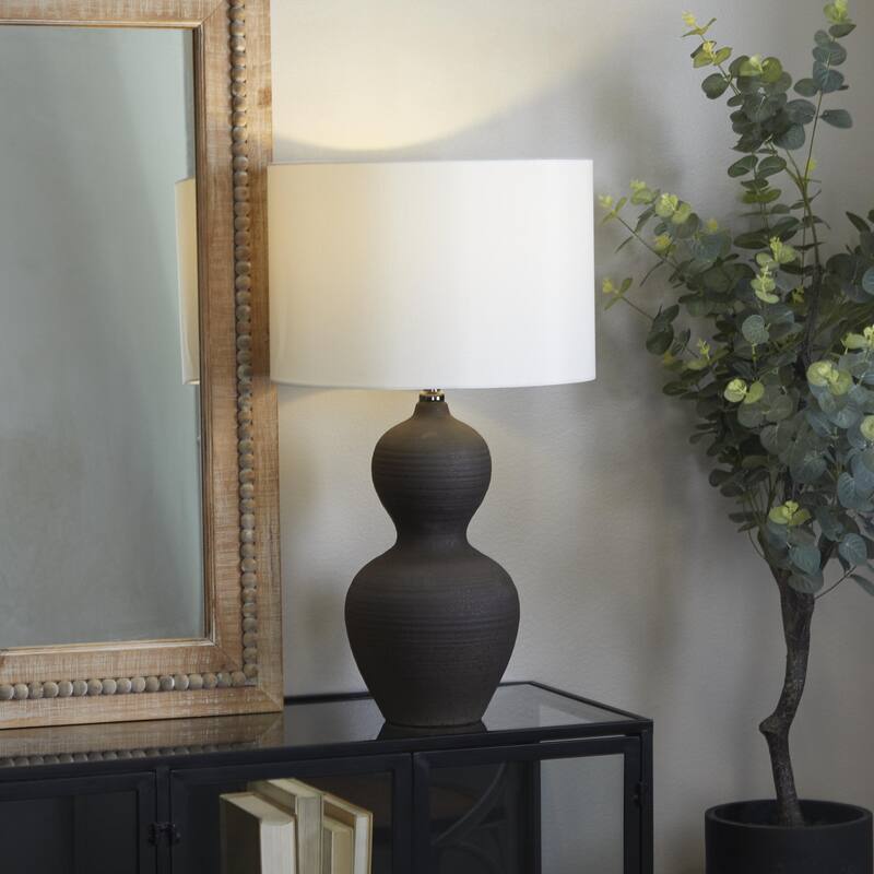 Ceramic Gourd Style Base Room Table Lamp with Drum Shade - Black - CosmoLiving by Cosmopolitan