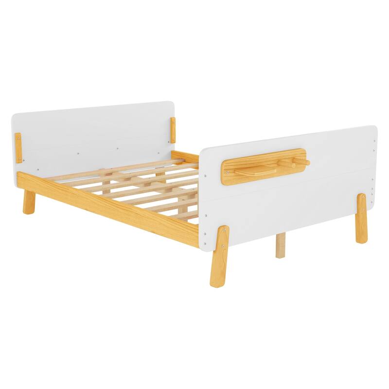Kids Wood Platform Bed with Guardrails, Bottle Holder and 2 Hanging Rod, Convertible Toddler Daybed, Low Profile Design Frame