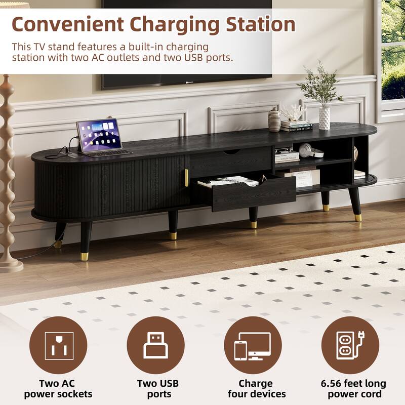 Wooden Oval TV Stand with Charging Station for TV up to 80", Mid-Century Media Console with Sliding Tambour Door for Living Room
