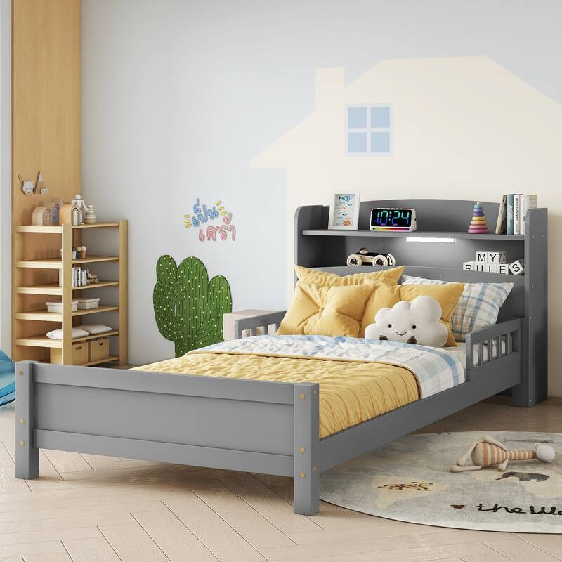 Twin Pine Wood Bed with Bookcase Headboard, LED Motion Sensor Light, Guardrails, White