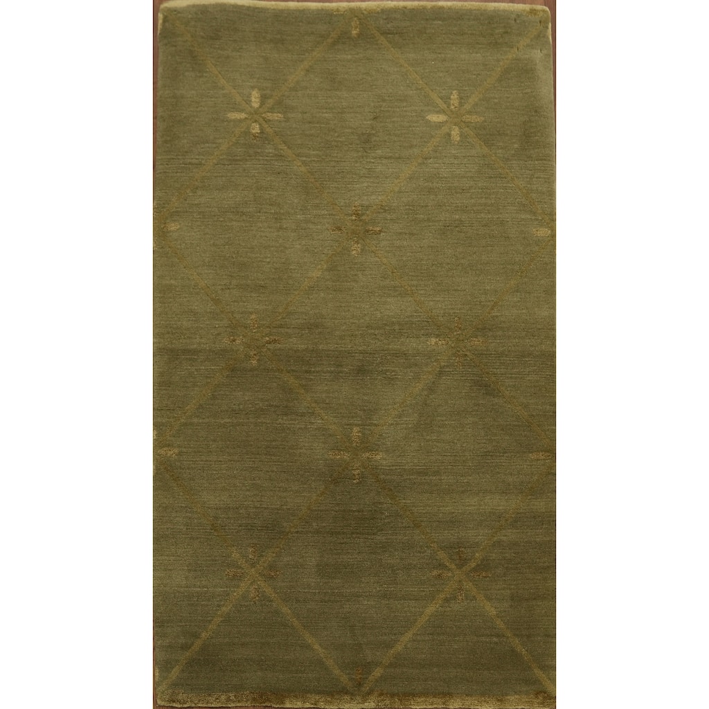 Hand Knotted Oriental 100% Wool Carpet Modern Geometric Green Nepalese Area Rug - 5' 3'' X 3' 0''