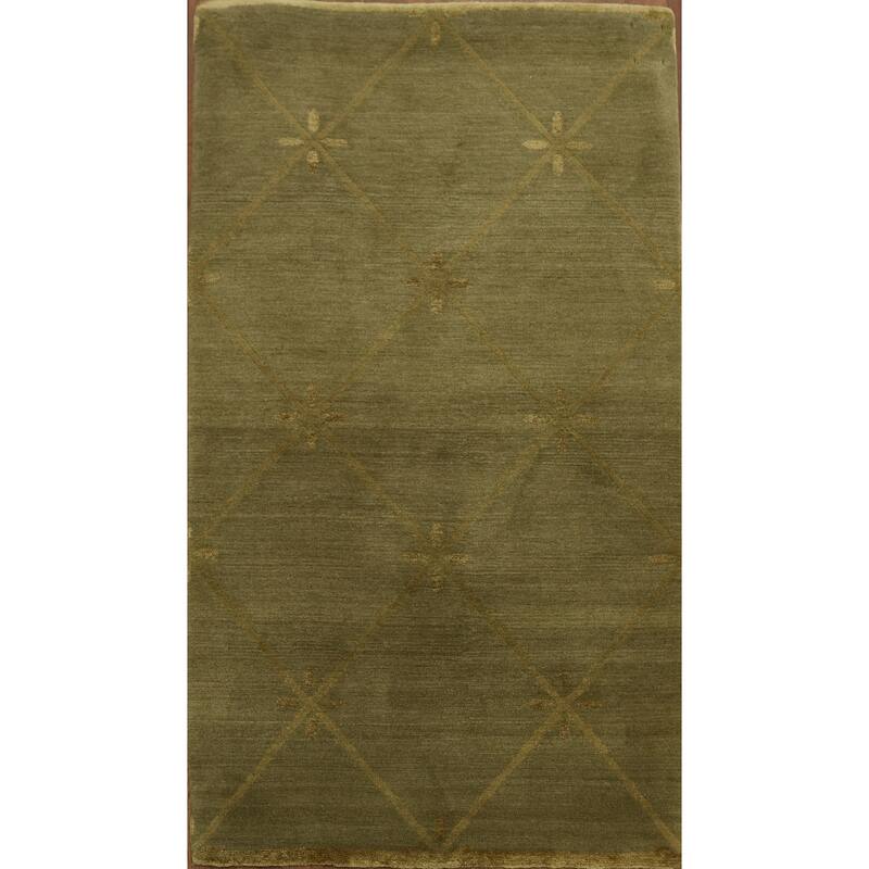 Hand Knotted Oriental 100% Wool Carpet Modern Geometric Green Nepalese Area Rug - 5' 3'' X 3' 0''