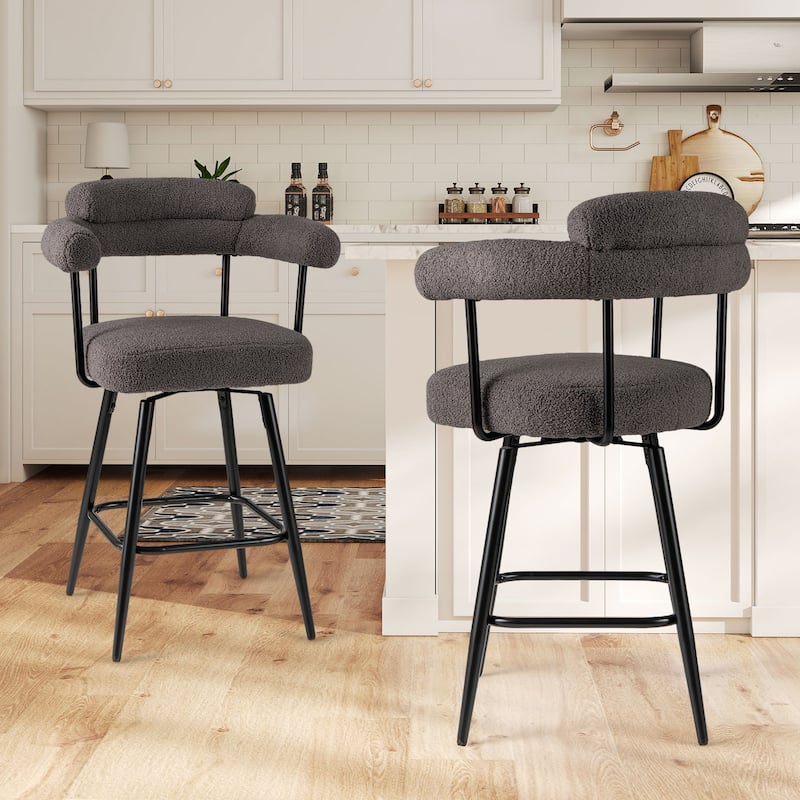 Set of 2 Counter Height Plush Boucle Fabric Bar Stools with Swivel Seat for Kitchen or Cafe - 25" x 21" x 39.5"