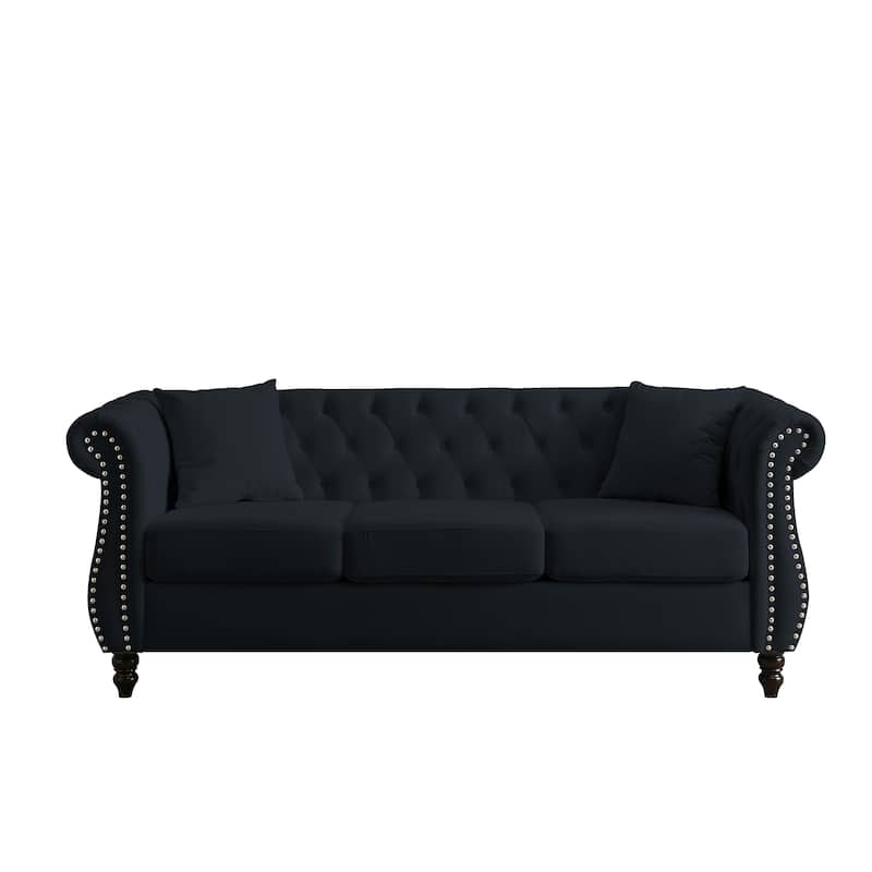 Anmytek 80 Inch Chesterfield Sofa Black Velvet Tufted 3 Seater Couch with Rolled Arms and Nailhead Trim and Two Pillows