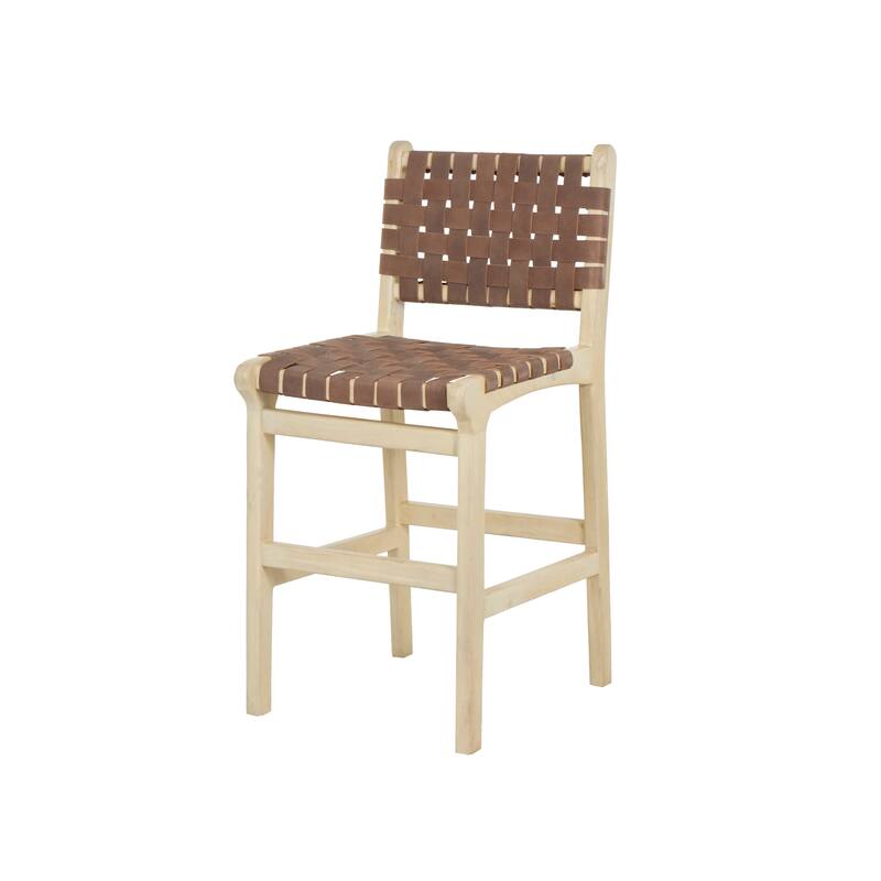 Brown Mango Wood Handmade Woven Bar Stool with Light Brown Wood Frame with Backrest and Footrest