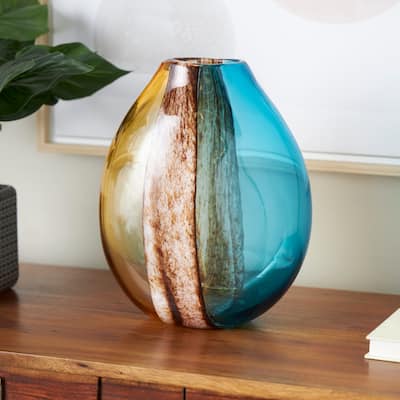 Multi Colored Glass Rounded Ombre Decorative Vase with Brown Textured Stripe Details