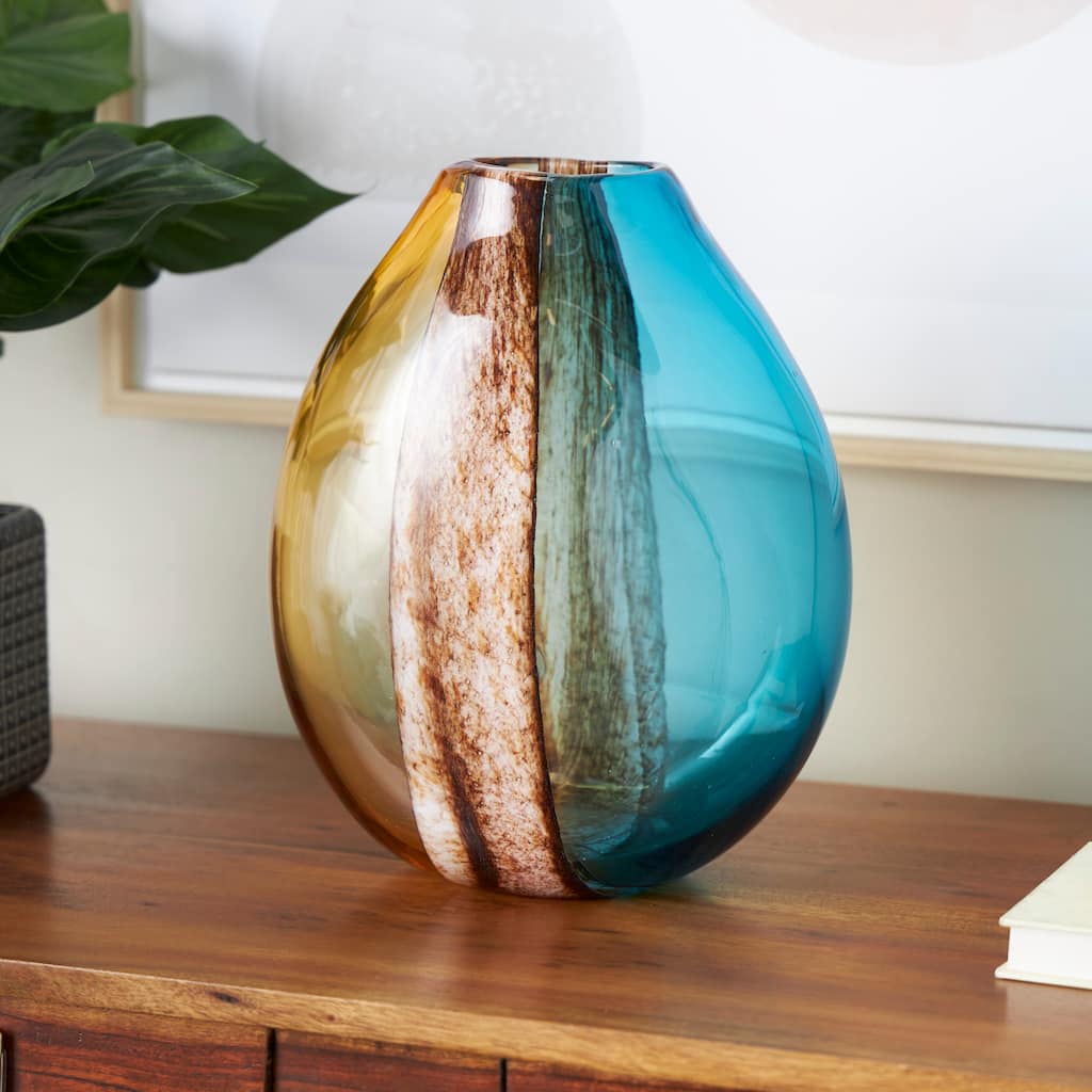 Multi Colored Glass Rounded Ombre Decorative Vase with Brown Textured Stripe Details