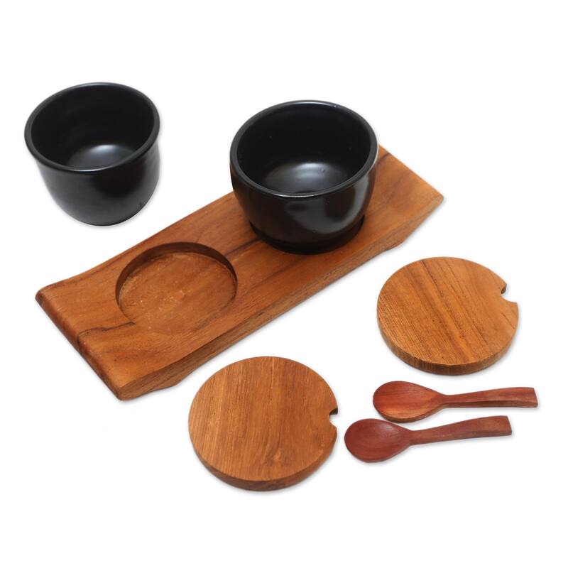 Novica Handmade Flavor Duo In Black Ceramic And Teak Wood Condiment Set