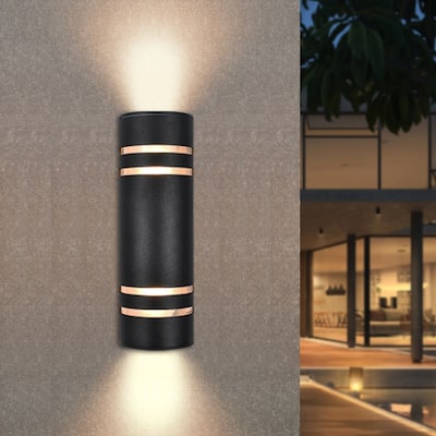 9 in. 2-Light Modern Industrial Cylindrical Outdoor Waterproof Lantern Wall Sconces with Light Sensor 2 Pack