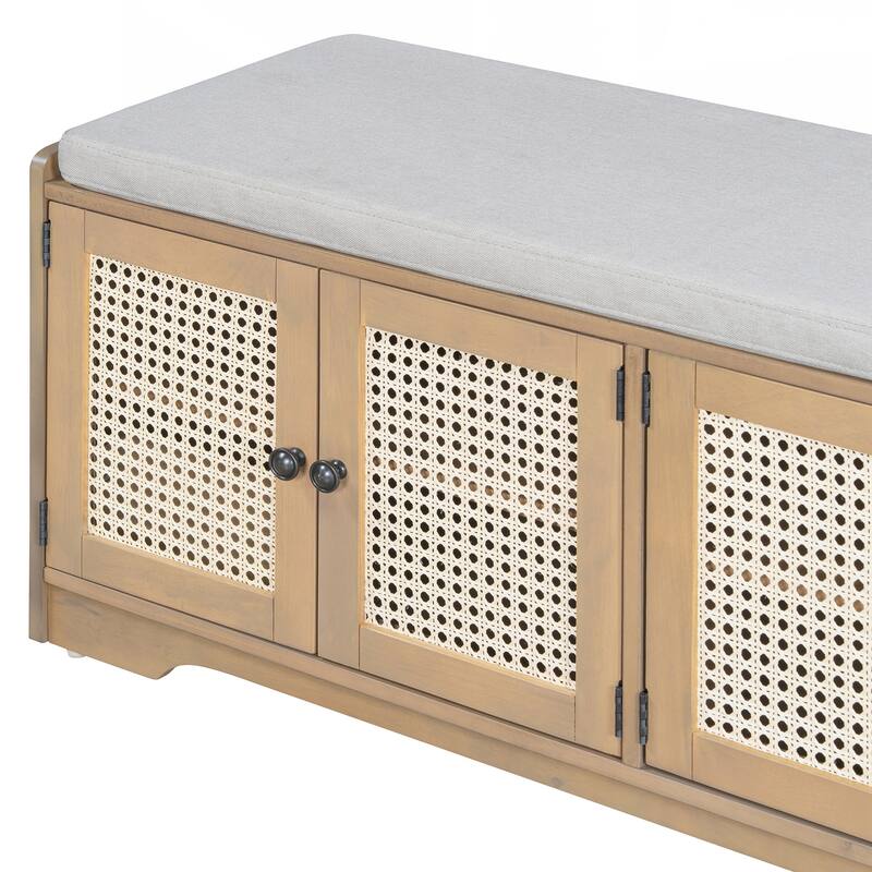 Rustic Storage Bench Multifunctional Wood Entryway Shoe Bench with Removable Cushion, Woven Rattan Doors & Adjustable Shelves