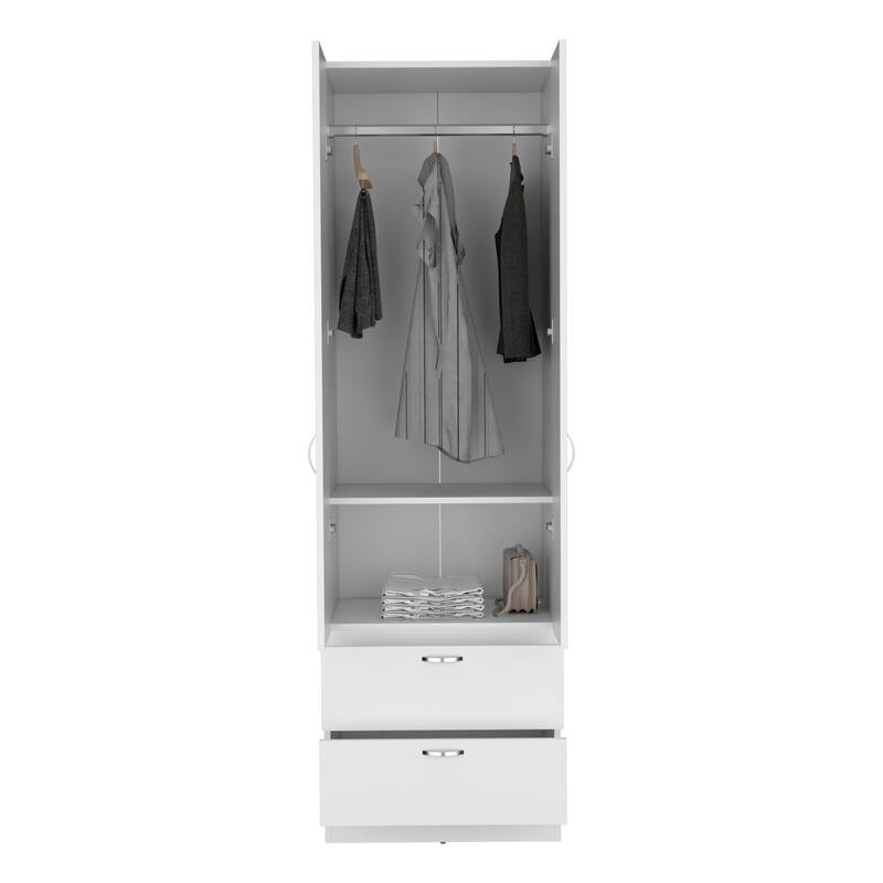 19.5" Modern Double-door Armoire with 2 Drawers, One Shelf and Hanging Rod